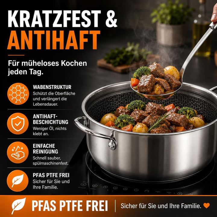 Royal Swiss 28 cm Edelstahl Kochtopf mit Glasdeckel – Honeycomb Antihaft-Kochtopf, PFOA-frei, langle
