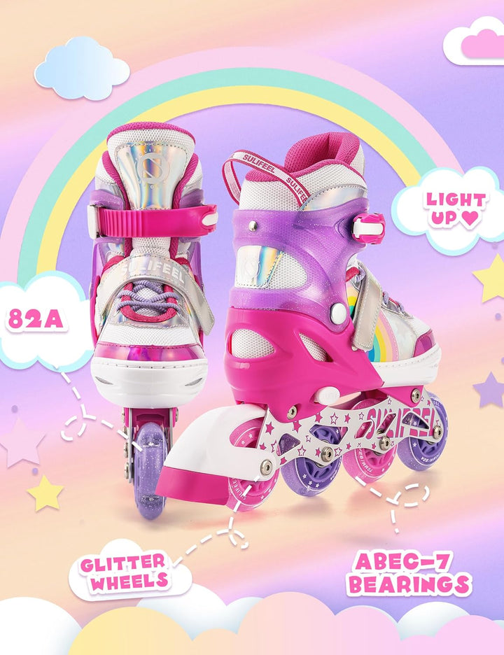 SULIFEEL Rainbow Unicorn Verstellbare Schwarz Rollschuhe für Kinder mit Leuchtenden Rädern für Junge