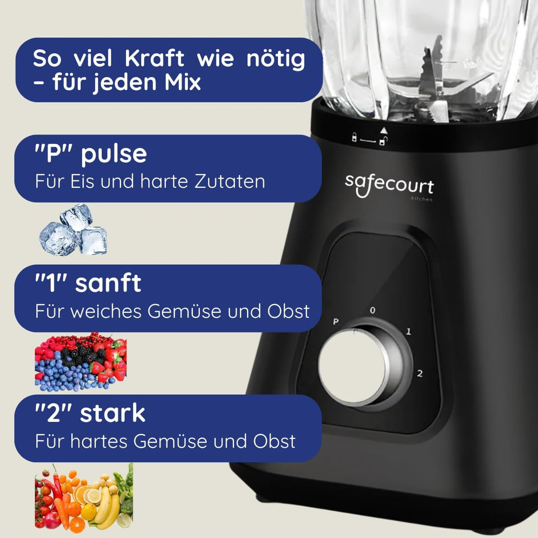 Safecourt Standmixer – Kraftvoller Smoothie Maker, Blender & Mixer [1200W & 1,5L Glasbehälter] – für
