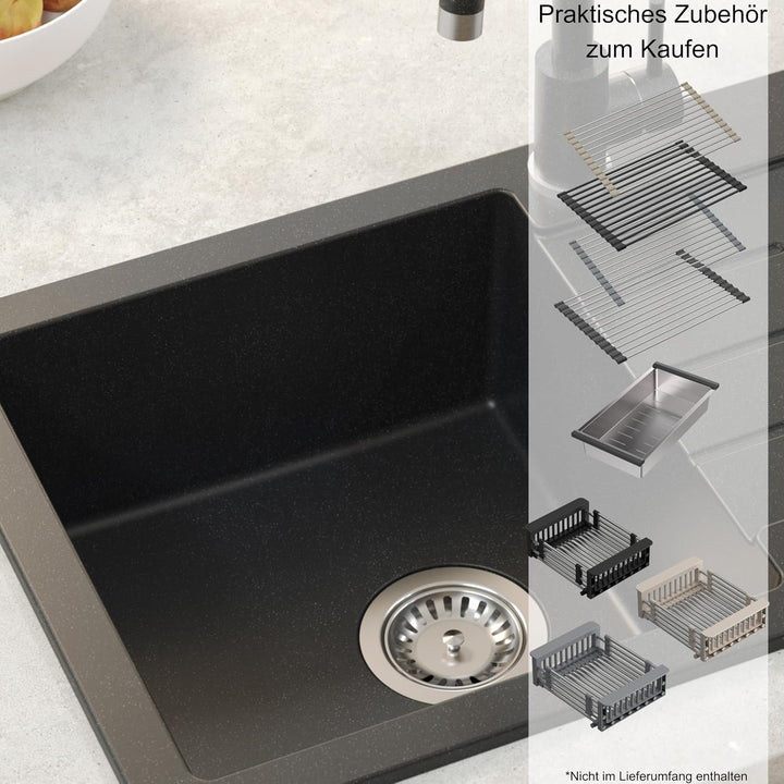 QUADRON Spülbecken Spüle Küche Granit | Grösse 44 x 60 x 18,5 cm, Grau &amp; Stahl | JOHNNY 116 Granitsp