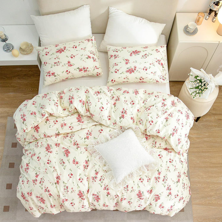Freyamy Blumen Bettwäsche 135x200cm 2teilig Beige Rosa Blätter Pflanzen Floral Wendbar Bettwaren-Set