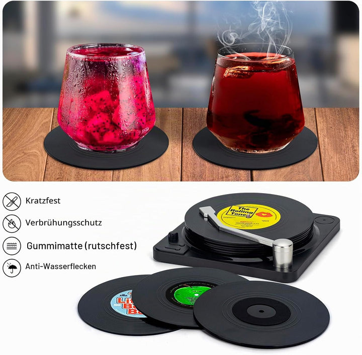 Valdivia Retro-Vinyl-Schallplatten Untersetzer mit Spieler, 6 Stück Untersetzer Gläser für Getränke,