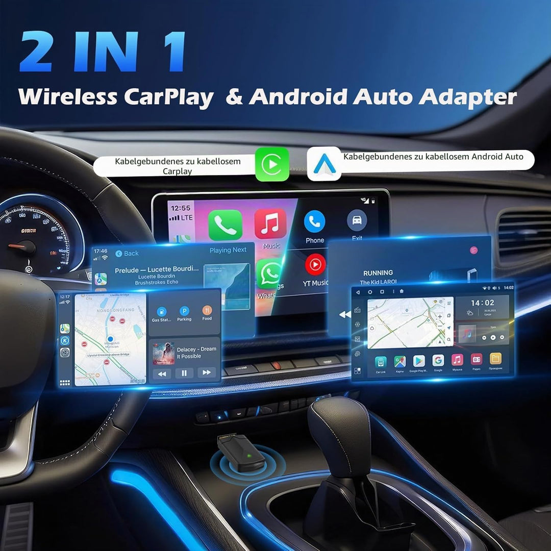 2 IN 1 Wireless CarPlay &amp; Android Auto Adapter, Kabelloser USB-Dongle für Autos, Kabelloses CarPlay