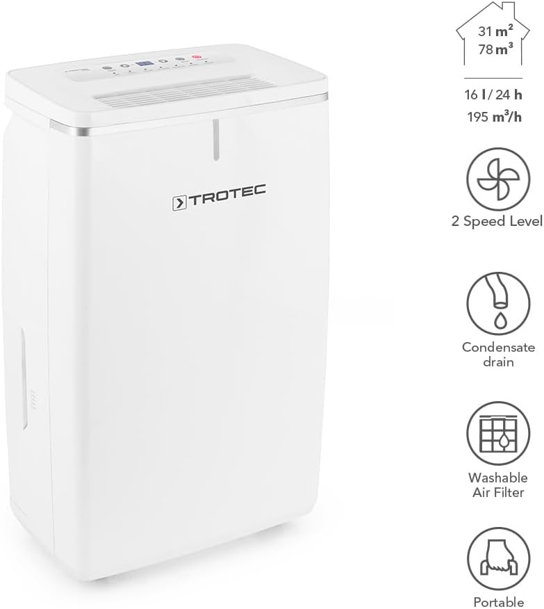 TROTEC Luftentfeuchter elektrisch TTK 53 E – Leistung 16 L/Tag – Fläche 31 m² / 78 m³ – mit Autoabsc