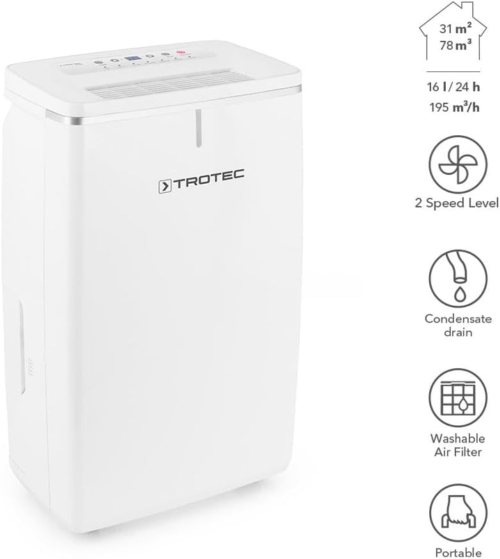 TROTEC Luftentfeuchter elektrisch TTK 53 E – Leistung 16 L/Tag – Fläche 31 m² / 78 m³ – mit Autoabsc
