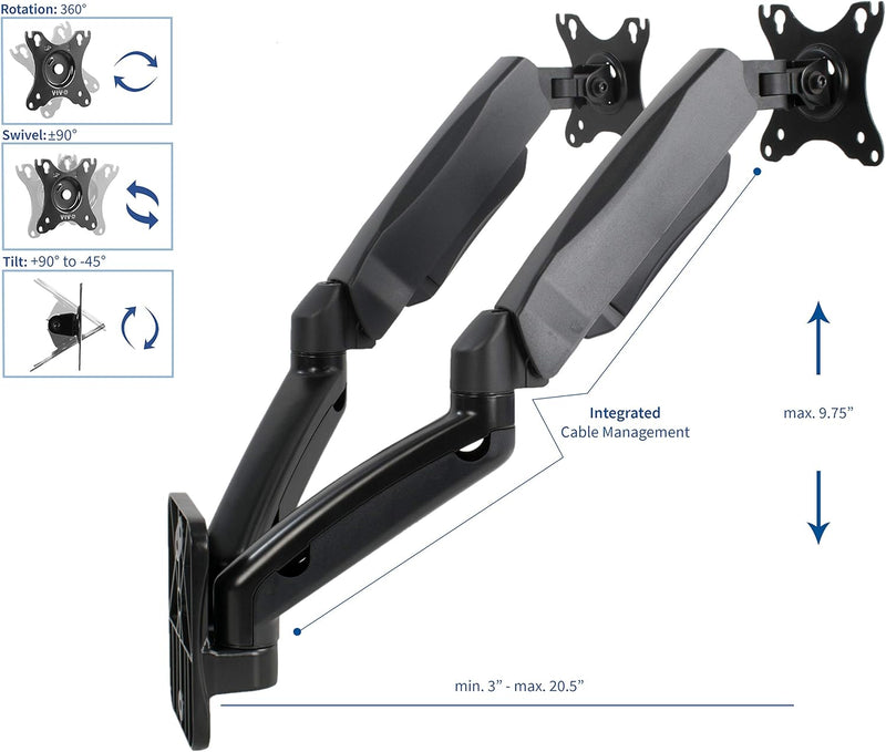 VIVO Schwarz höhenverstellbare Gasfeder verlängerte Arm Dual-Wandhalterung mit bewegter gelenkigen p