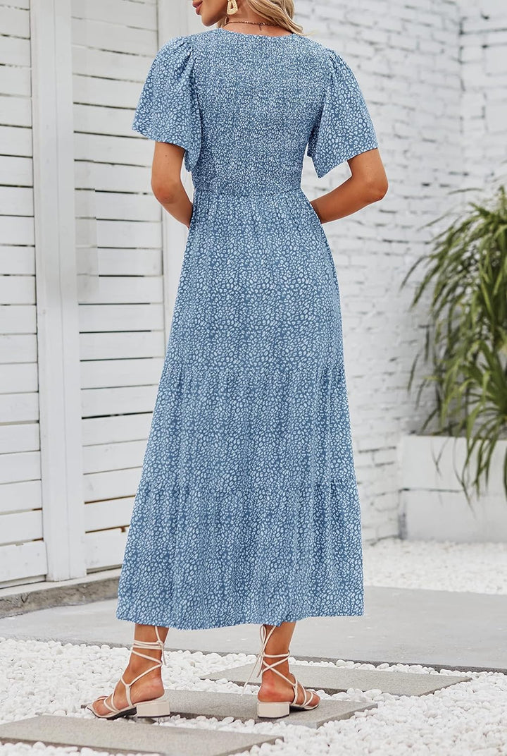 Zesica Damen-Maxikleid, Sommer, lässig, Blumendruck, kurze Flatterärmel, Rundhalsausschnitt, gesmokt