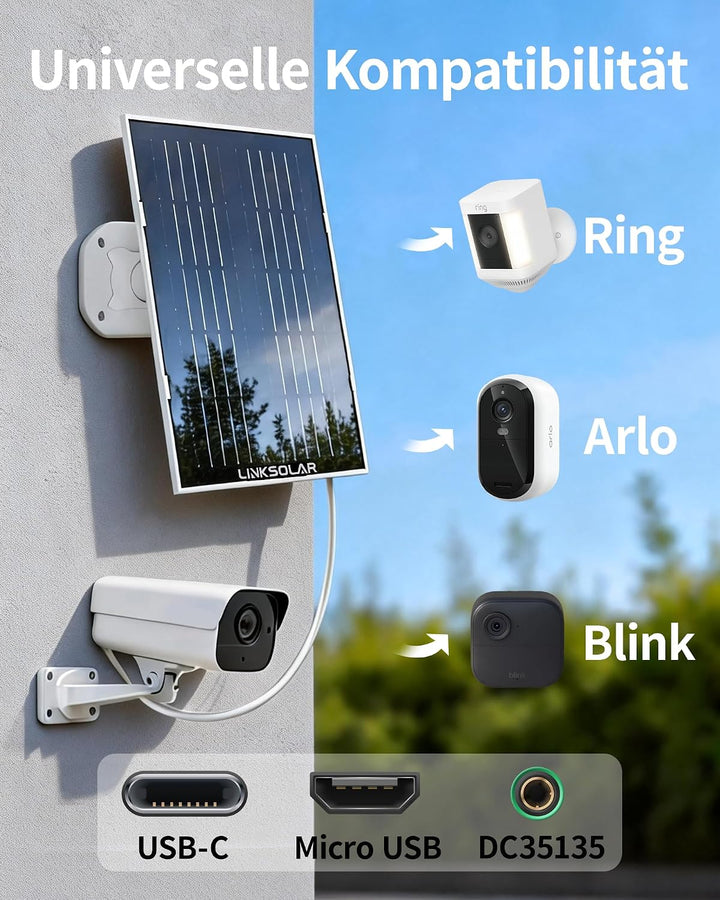 8W Solarpanel für Ring-Sicherheitskamera, Micro-USB, DC &amp; USB-C Schwarz-8w, Schwarz-8w