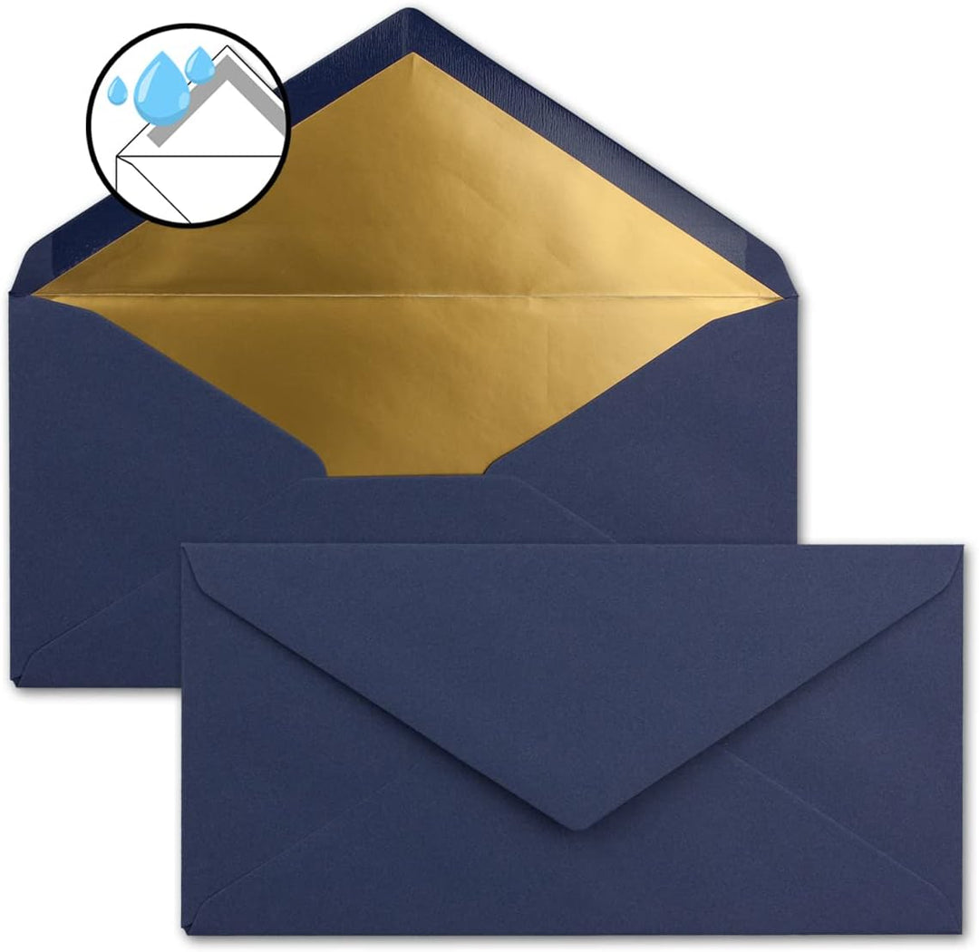 100 Brief-Umschläge DIN Lang - Dunkel-Blau/Nachtblau mit Gold-Metallic Innen-Futter - 110 x 220 mm -