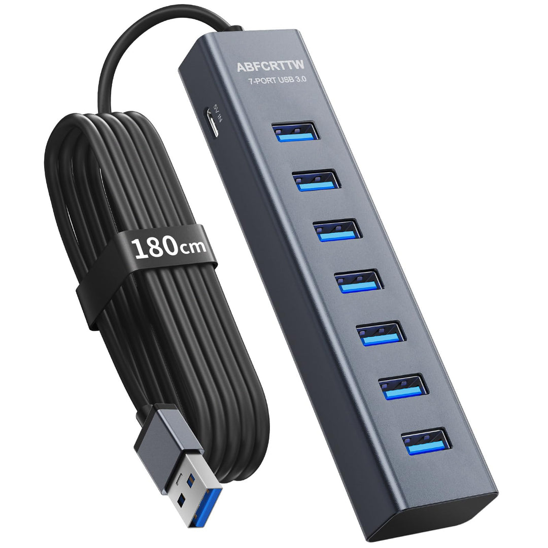7-Port USB Hub 3.0 mit 180cm Kabel für Desktop, Aluminium USB Hub 5Gbps USB Verteiler Multiport Adap