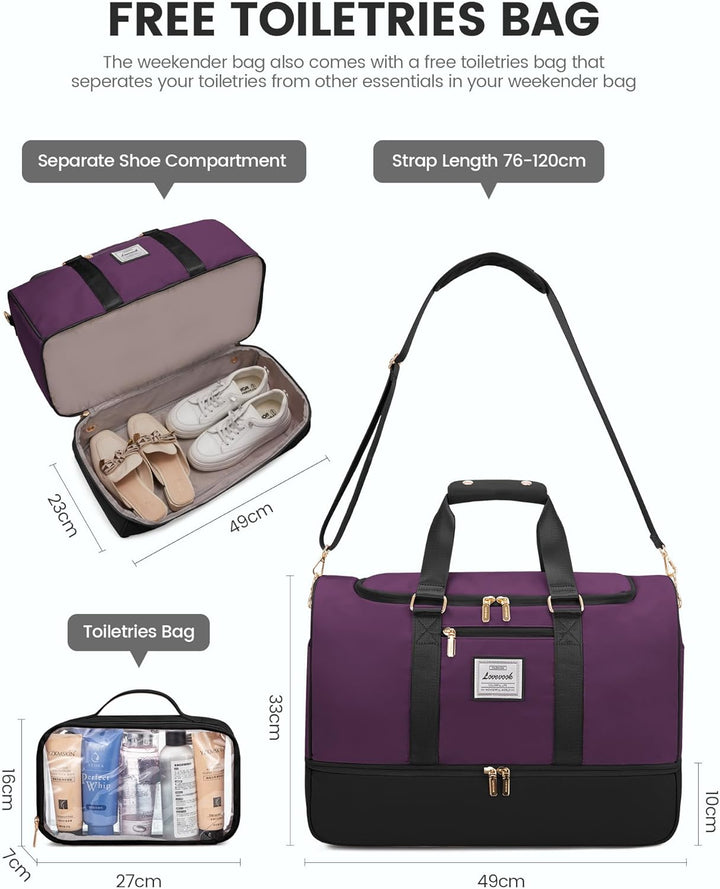 LOVEVOOK Sporttasche Reisetasche Damen, 37L Weekender mit Kulturtasche, Schuhfach & Nassfach, Sport