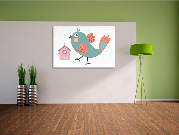 Pixxprint Niedlicher Vogel mit Vogelhäuschen / 100x70cm Leinwandbild bespannt auf Holzrahmen/Wandbil