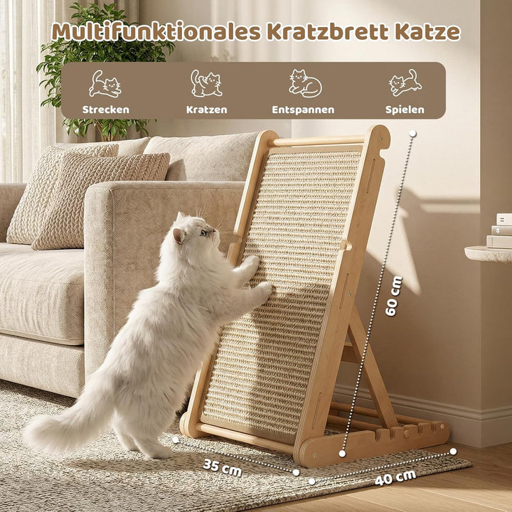 X XBEN Holz Kratzbrett Katze, 60CM Klappbares Katzenkratzbrett mit 5 Einstellbaren Höhen, Natürliche