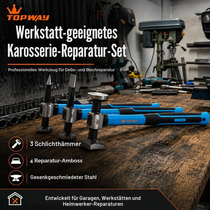 TOPWAY Karosserie-Ausbeul-Satz 7-tlg, Reparaturset für Karosserie, Hammer und Puppen-Set Professiona