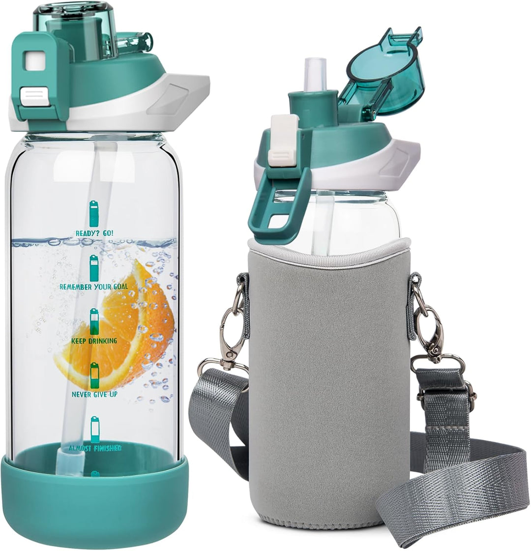 Seekua 0.6l Sport Trinkflasche Glas Flasche mit Strohhalm & Zeitmarkierung für Kinder, Schule 600ml