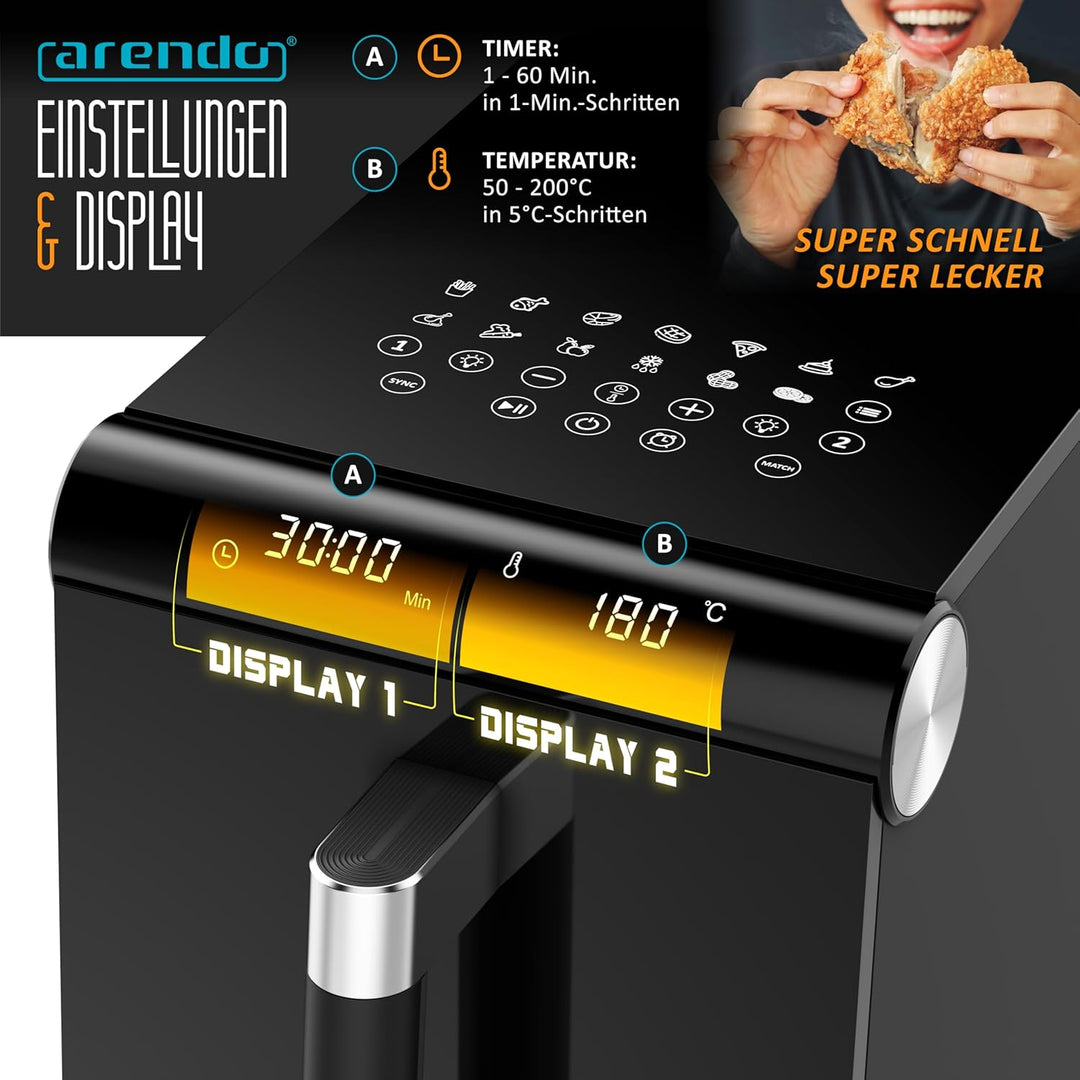Arendo - Heissluftfritteuse XXL Dual Zone 2 Kammern – 11,4L Kapazität – 2 Zonen – Airfryer Doppelkam