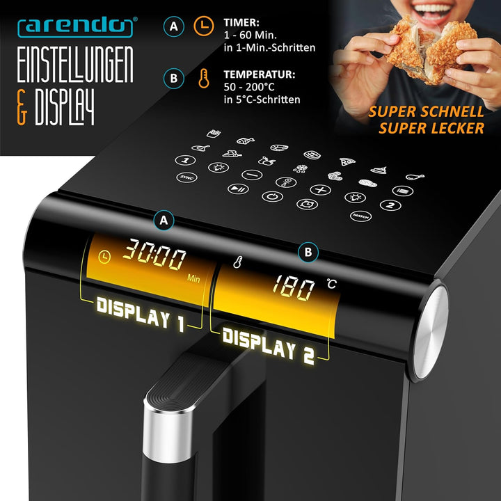 Arendo - Heissluftfritteuse XXL Dual Zone 2 Kammern – 11,4L Kapazität – 2 Zonen – Airfryer Doppelkam