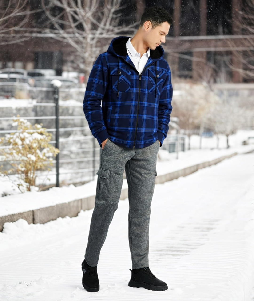 JACKETOWN Hemdjacke Kariertes Herren hoodies Flanelljacke Warm Thermohemd Herren Holzfäller Jacke Ve