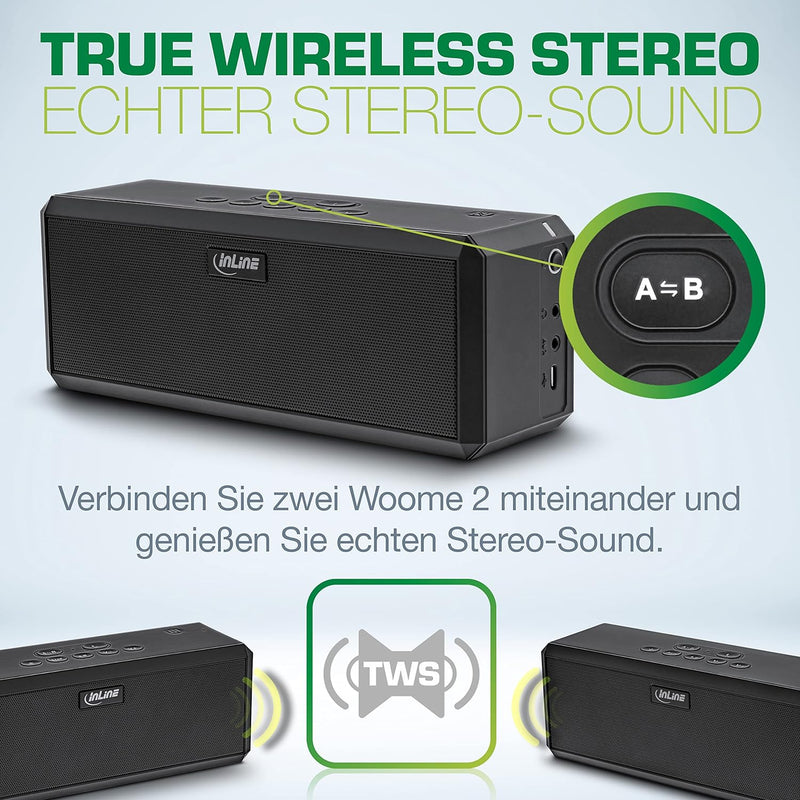 InLine WOOME 2 – Bluetooth Lautsprecher, Musikbox mit True Wireless Stereo (TWS), NFC, aptX, satter