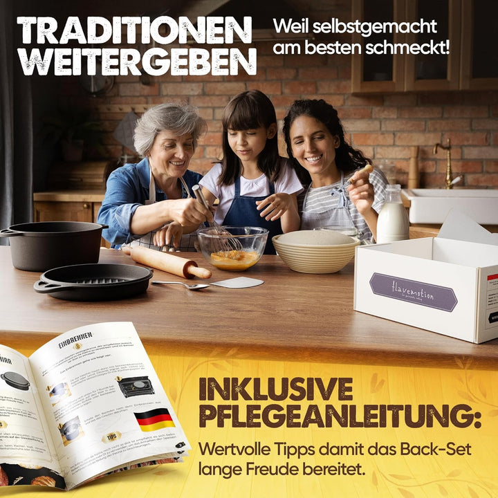 Gusseisen Topf zum Brot backen - Starter-Set mit Gärkorb, Bäckermesser und Brotrezepten - Idealer Br
