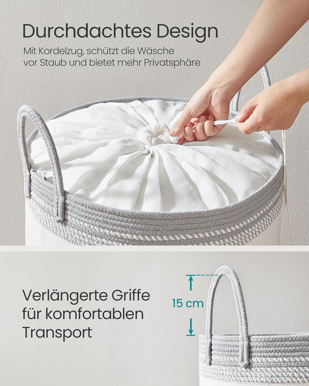 SONGMICS Wäschekorb, Wäschesammler, Aufbewahrungskorb, Baumwollseil, mit Henkel, für Decken, Kleider