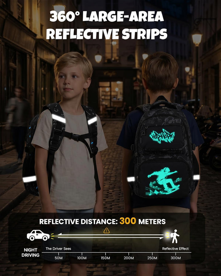 Amythe Schulrucksack Jungen Teenager, Schultasche Kinder mit Reflektoren für 1. bis 4. Klasse, Leuch