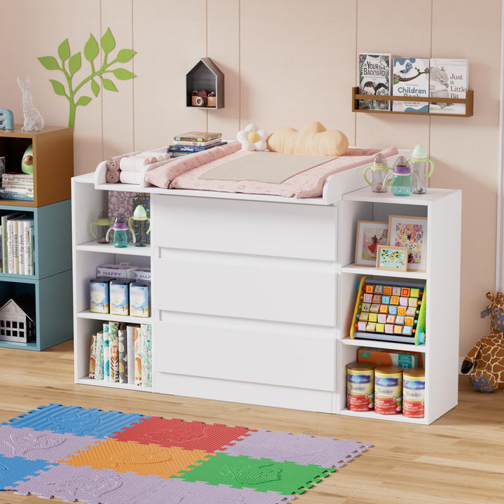 2-in-1 Wickelkommode mit abnehmbarem Wickelaufsatz, Baby Wickeltisch&Kommode mit 3 Schubladen und 6