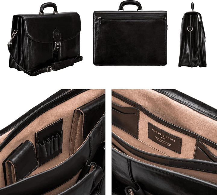 Maxwell Scott Italienische Herren Leder Aktentasche Tomacelli in Schwarz, Schwarz