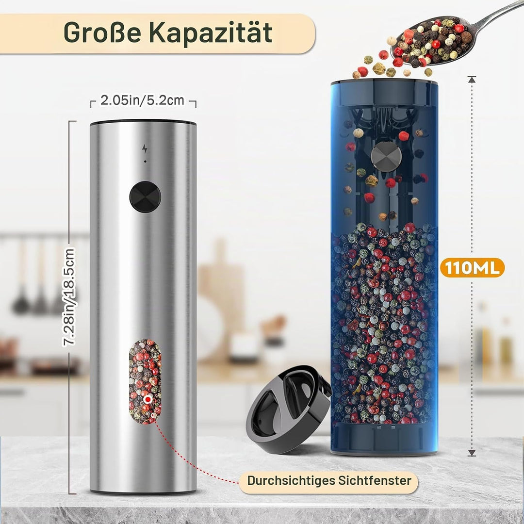 Elektrische Salz und Pfeffermühle Set, SINZONeu® Edelstahl Mühlen mit USB-C Ladestation, 5 Stufen Ma