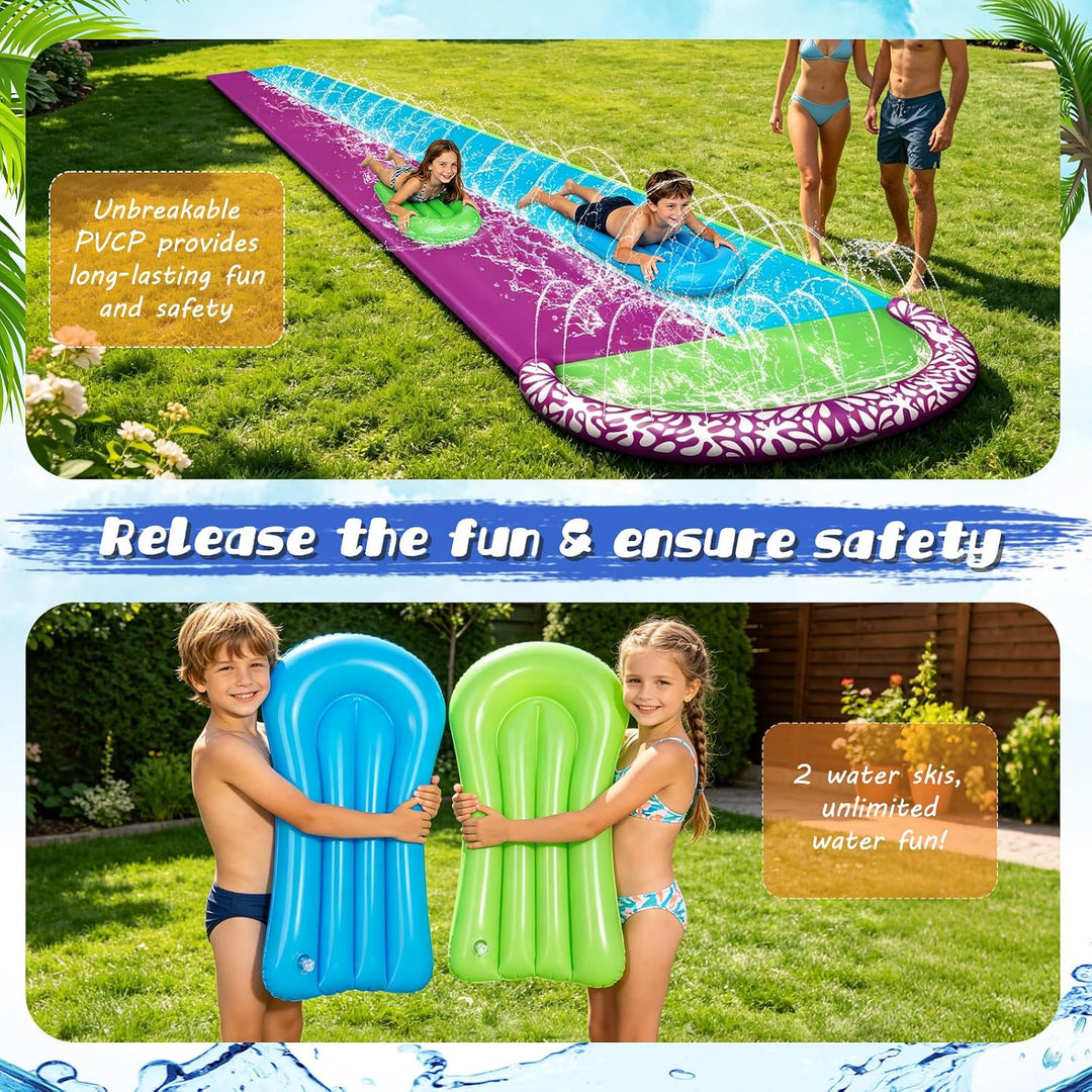 Wasserrutsche Garten für Kinder, 610x240cm Wasserrutschmatte mit 2 Bodyboards, Doppelrutsche mit Ein