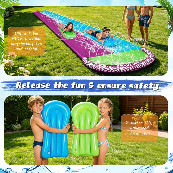Wasserrutsche Garten für Kinder, 610x240cm Wasserrutschmatte mit 2 Bodyboards, Doppelrutsche mit Ein