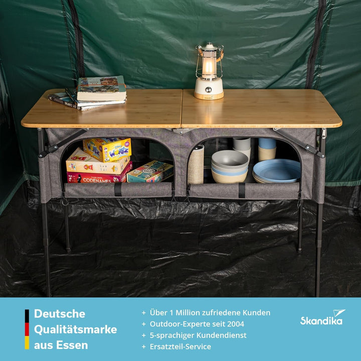 Skandika Campingtisch mit Schrank Tolja | Outdoor Bambus Klapptisch mit Stauraum, höhenverstellbar,