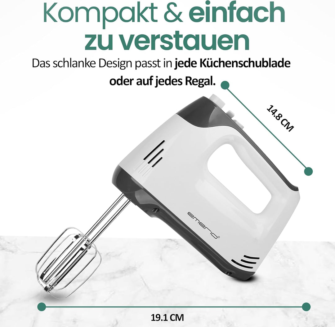 EMERIO elektrischer Handmixer Handrührer Mixer Handrührgerät mit 400 Watt 5 Geschwindigkeiten & Turb