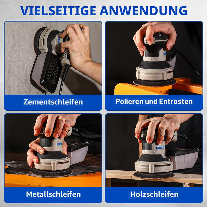 Exzenterschleifer 125mm mit Absaug 300W: DEKOPRO Schleifmaschine für Holz mit 16 Schleifpapieren,6 G