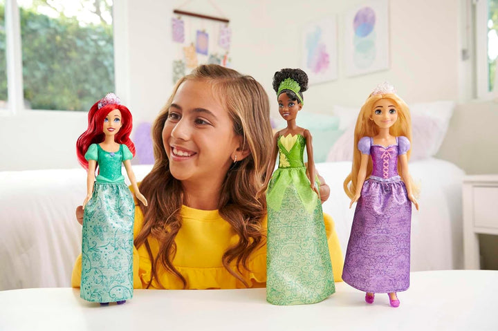 DISNEY Prinzessin 3er-Pack - Tiana, Rapunzel und Arielle mit Accessoires, abnehmbarem Diadem und Sch