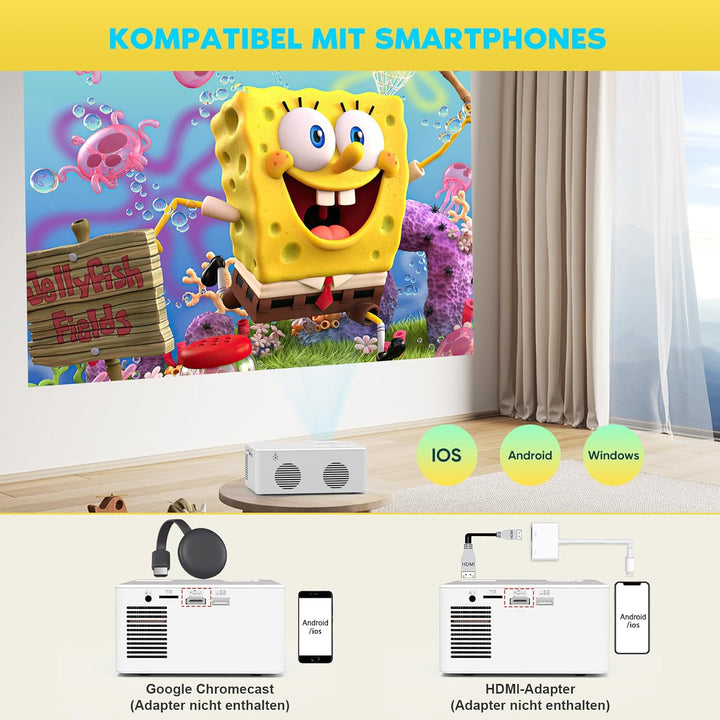 PURSHE Mini Beamer, Mini Bluetooth Projektor Full HD 1080P Tragbarer Outdoor Filmprojektor für iOS,