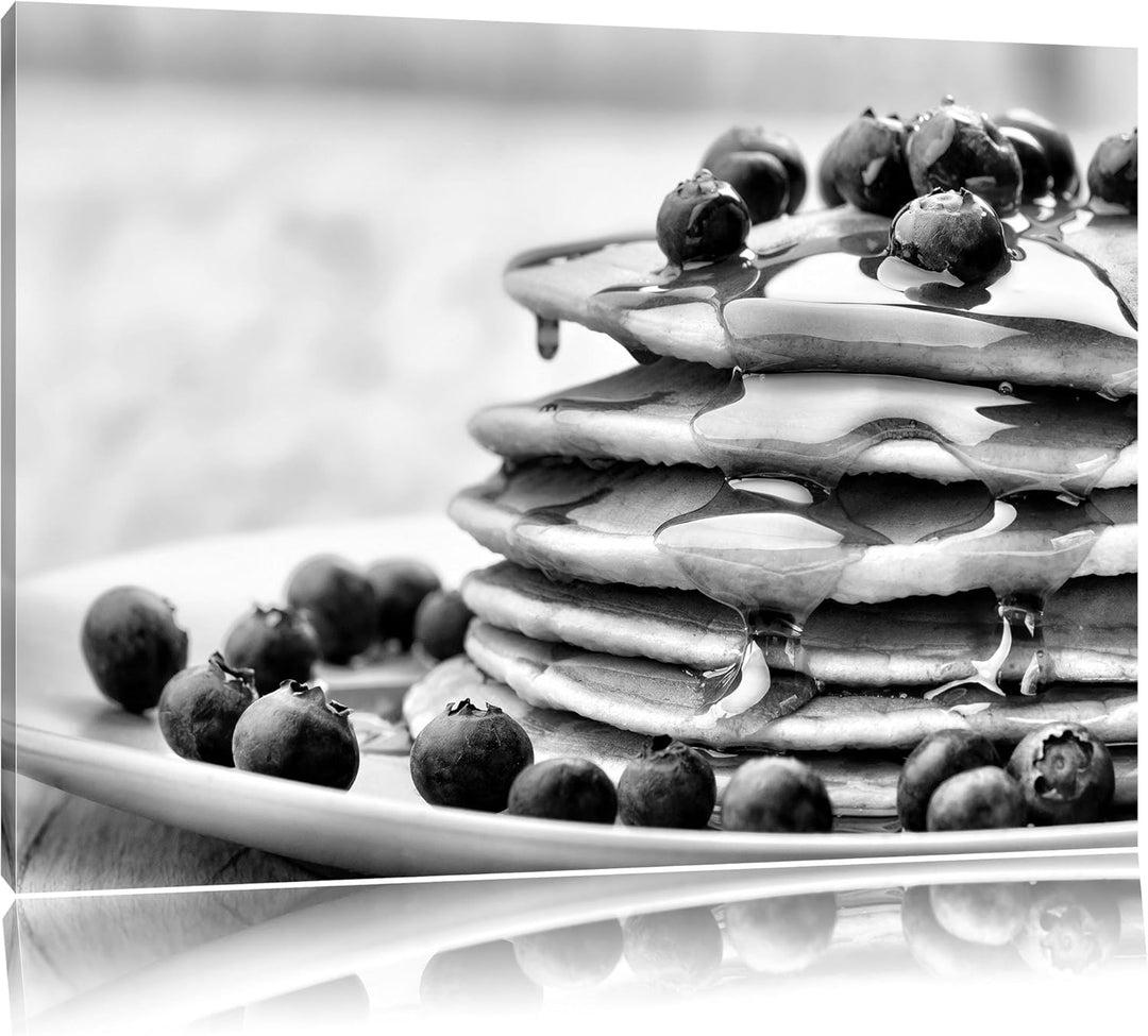 Pixxprint Monocrome, Pancakes mit Sirup und Blaubeeren, Format: 100x70 auf Leinwand, riesige Bilder