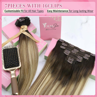 YoungSee Clip in Extensions Echthaar Balayage 40 cm Echthaar Clip in Extensions Braun Ombre Blond mi