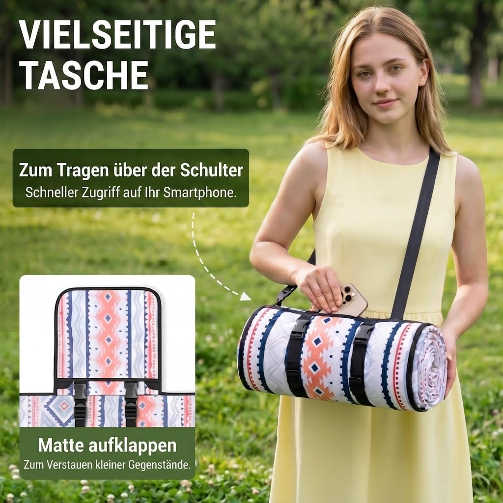 WolfWise Picknickdecke Wasserdicht, 200x200 cm grosse Stranddecke, Faltbare Picknick Decke mit Verst