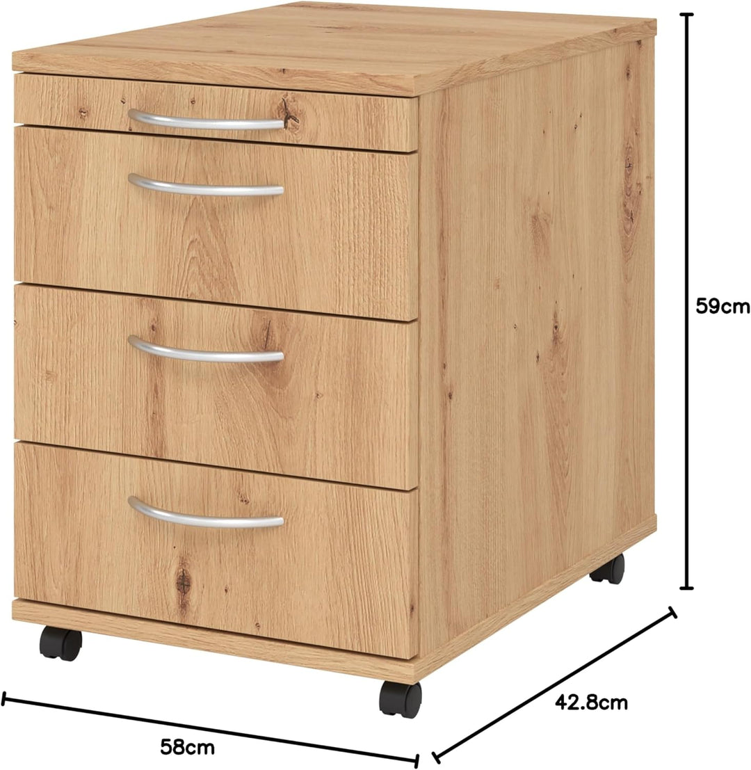 bümö Basic Rollcontainer mit Schubladen, Container aus Holz in Asteiche - Rollwagen für's Büro als S