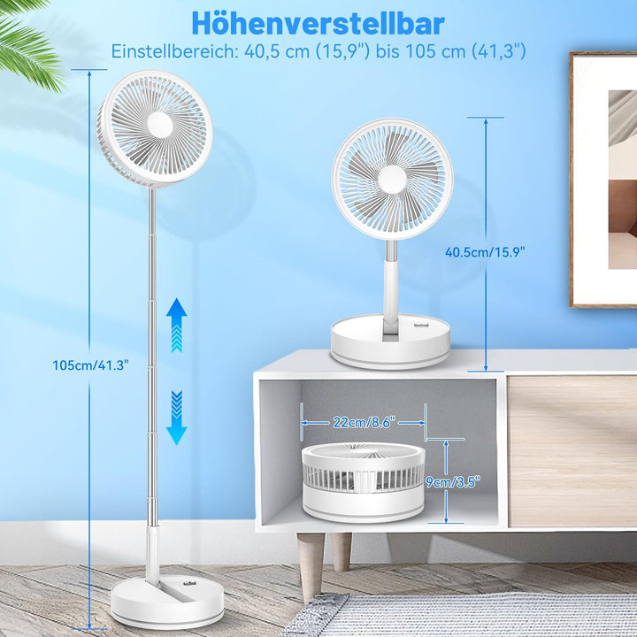 LIPETY Tragbarer Faltbarer Oszillierender Klein Ventilator, 8.6" 8000 mAh Akku Aufladbar USB C Boden