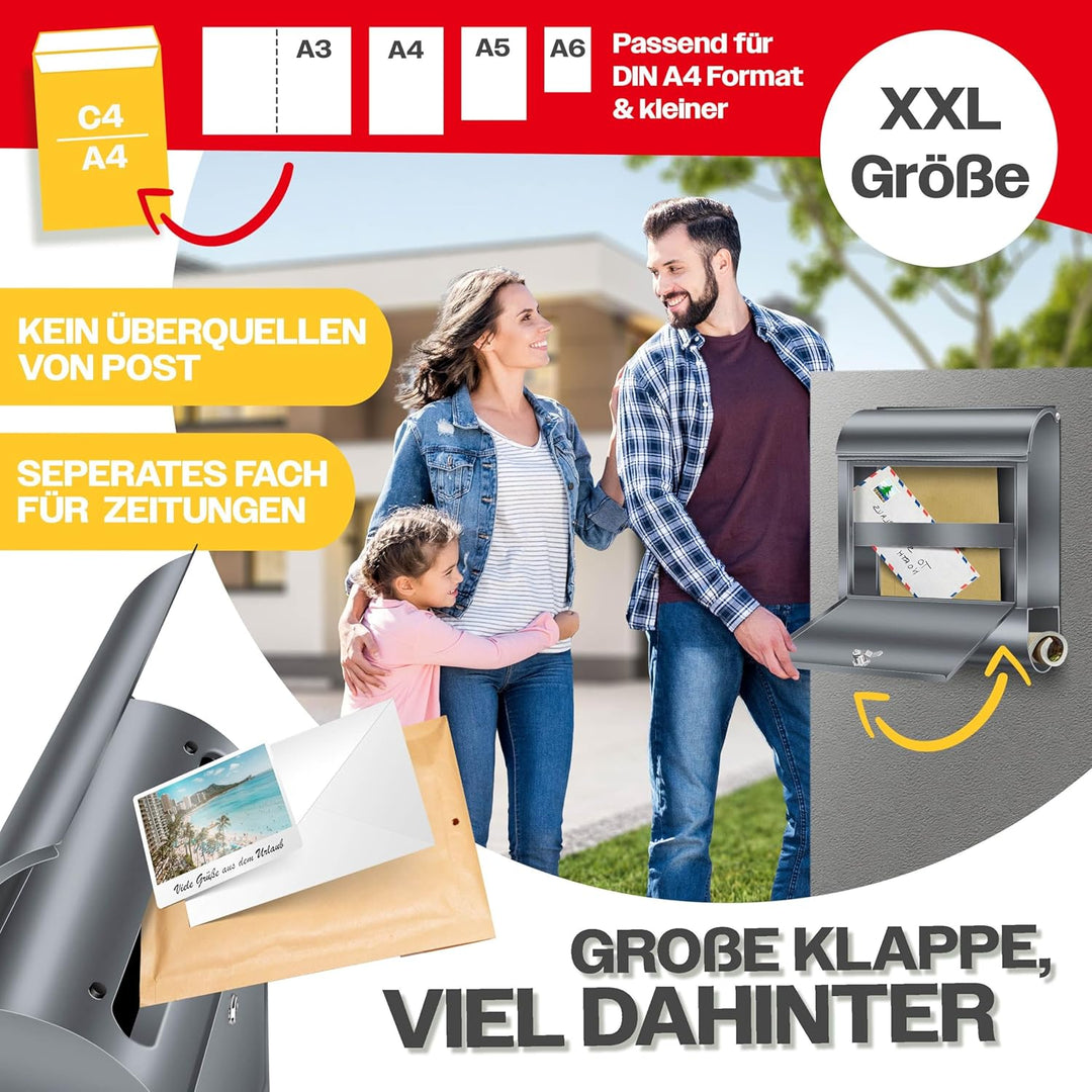 KESSER® Briefkasten XXL Edelstahl Anthrazit, Wandbriefkasten mit Zeitungsfach abschliessbar mit 3 Sc