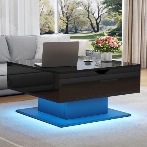 Merax Couchtisch Höhenverstellbar 80x77x40 cm – Moderner Wohnzimmertisch mit LED, verstecktem Staura