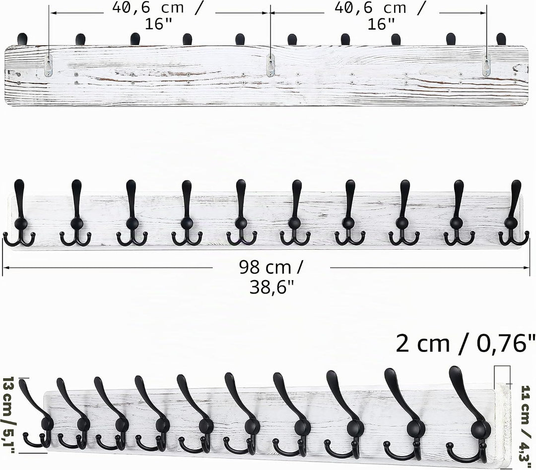 SKOLOO Garderobenleiste Holz, Vintage, Stabile Kleiderhaken Wand mit 10 Dreifachhaken, zum Aufhängen