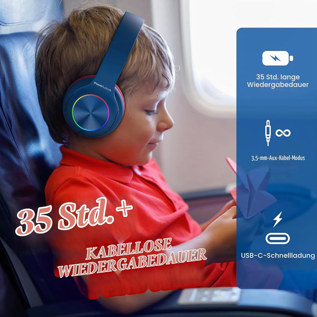 PowerLocus Kinderkopfhörer Bluetooth, Kinder Kopfhörer Kabellos mit LED-Leuchten und 94DB Lautstärke