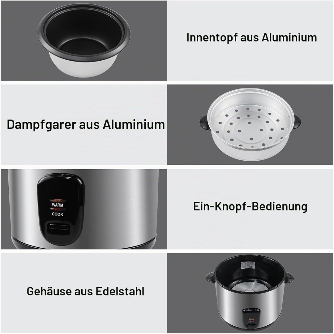 Reiskocher - inkl. Dampfgarfunktion - 2,2 Liter Kapazität, Warmhaltefunktion, mit Innentopf, Deckel,