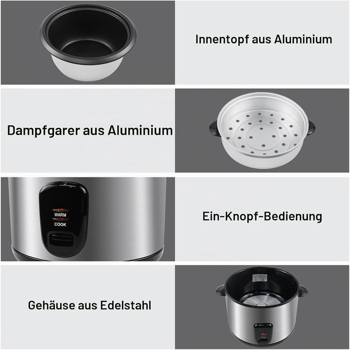 Reiskocher - inkl. Dampfgarfunktion - 2,2 Liter Kapazität, Warmhaltefunktion, mit Innentopf, Deckel,
