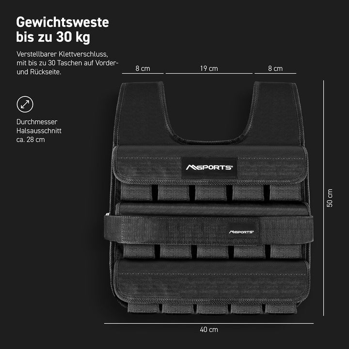 MSPORTS Gewichtsweste Premium Verstellbar von 5 kg - 30 kg Weight Vest | Laufweste Damen Herren | Fi