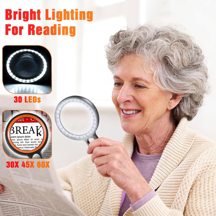 Lupe mit Licht mit 30 LED, 30X 45X 60X Leselupe mit Licht Gross, 30 Fach Vergrösserung Handlupe mit
