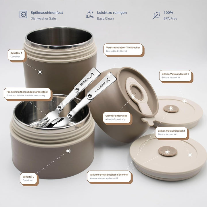 Thermobehälter für Essen 780 ml, faltbare Edelstahl Besteck, Für Kinder & Erwachsene, BPA frei, 100%